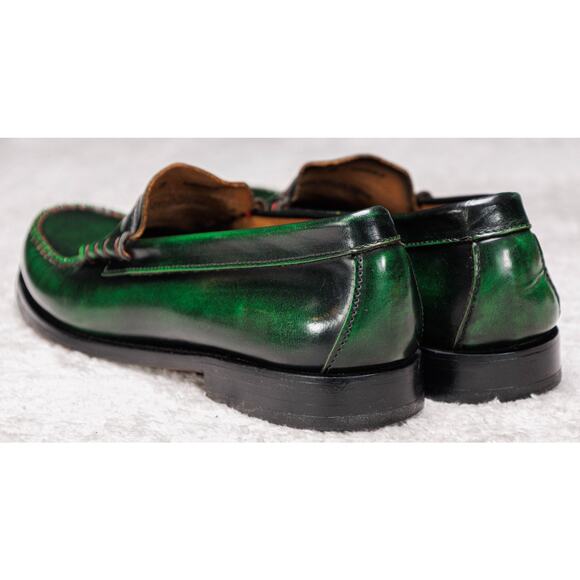 Bass Weejuns Green Black Leather Penny Loafers Contrast Stitching Mens Size 9 - Picture 10 of 16